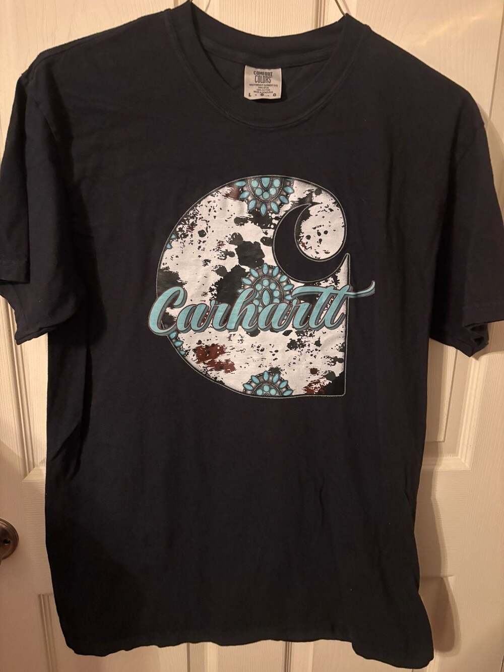 Comfort Colors Graphic T-Shirt with Cowhide and Turquoise Carhartt Logo Print